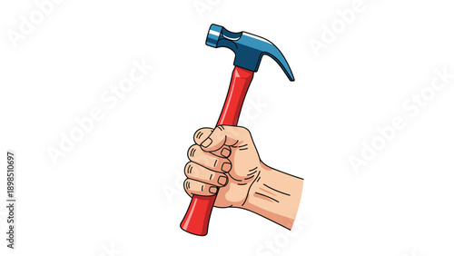 Strong human hand firmly gripping a red and blue claw hammer used for construction and home repair projects on a white background.