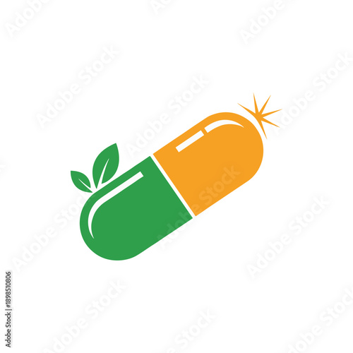 Green and Orange Capsule with Leaves Icon.