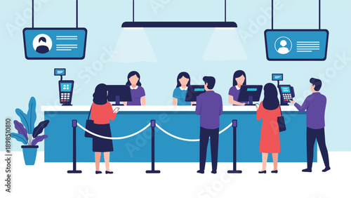 People waiting in a queue at a modern service bank or store counter with staff assisting customers at computer terminals and pos systems.