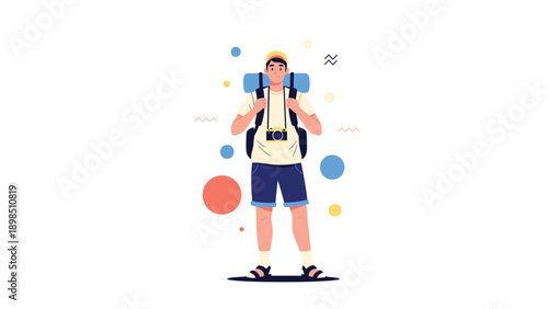 Young man backpacker with a camera around his neck and a large bag standing among colorful abstract shapes for travel and adventure themes.