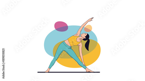 Woman practicing yoga in the triangle pose asana with colorful abstract background shapes for wellness, health, and mindfulness concepts.