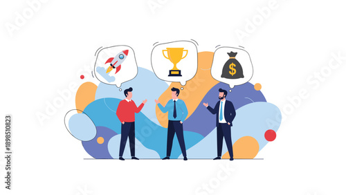 Three businessmen discussing startup ideas represented by a rocket, a gold trophy, and a money bag icons within speech bubbles.