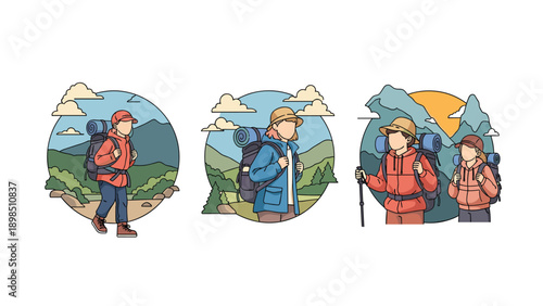 Set of illustrations featuring different hikers and backpackers trekking in various mountain landscapes with forest and sunset scenes.