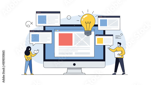 Web developers working on a large computer screen to design and build a website interface with various windows and a lightbulb idea.