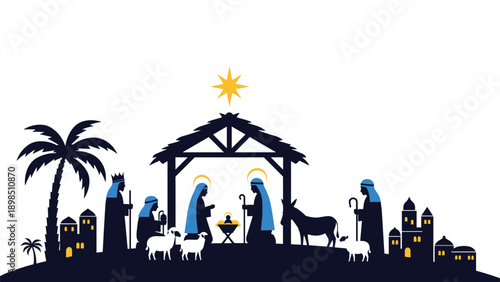 Traditional christmas nativity scene silhouette showing mary joseph and baby jesus in a stable with the three wise men and animals.
