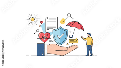 Insurance and protection concept showing a giant hand holding a shield, heart, umbrella, and document icons with a man gesturing towards them.