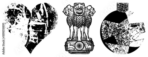 Stylized halftone heart, Ashoka lion capital emblem, abstract geometric circle, vector art, design, graphic illustration, symbolic shapes, cultural motifs.