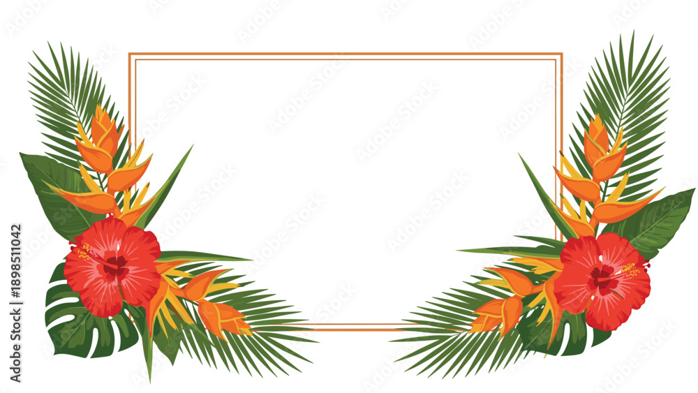Naklejka premium Beautiful tropical floral frame featuring vibrant red hibiscus flowers and orange bird of paradise plants with various green palm leaves.