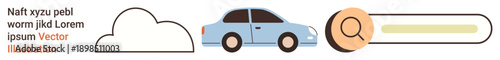 Transportation, car services, online searches, navigation, cloud storage, digital tools. Blue sedan icon next to a search bar and a cloud icon. Transportation and car services concept