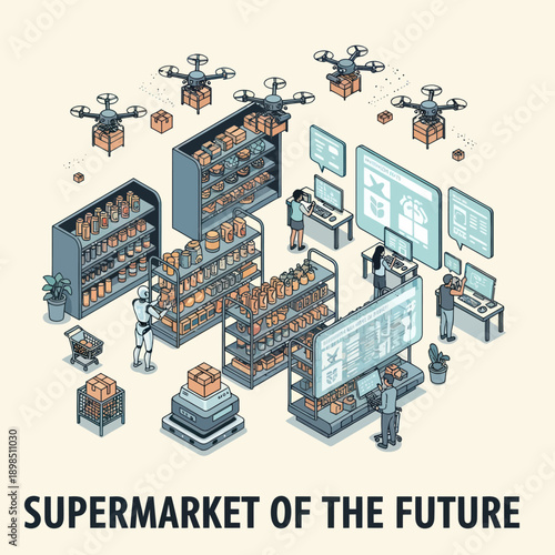 Futuristic Supermarket with Automated Warehouse System.