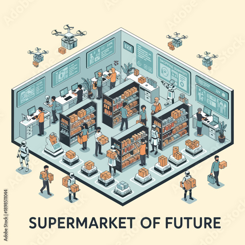 Futuristic Supermarket with Robots and Drones.