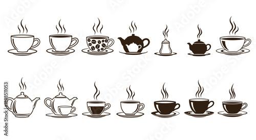 coffee and teapot cup icon set, hot beverage silhouettes collection, cafe drink symbols vector illustration isolated background design
