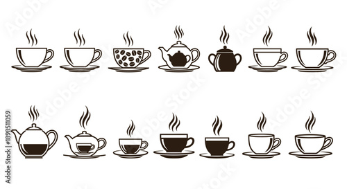Coffee and tea cup icon set, steaming hot beverage mug and teapot silhouettes vector illustration cafe drink collection