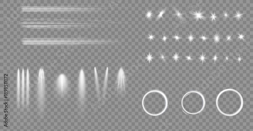 Light effect set. Glow isolated white transparent light effect set, lens flare, explosion, glitter, dust, line, sun flash, spark and stars, spotlight, curve twirl.