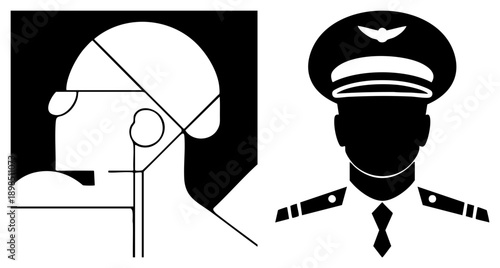 Aviator in uniform with wings insignia, Roman legionary helmet and spear, stylized military figures, flat vector art, historical and aviation.