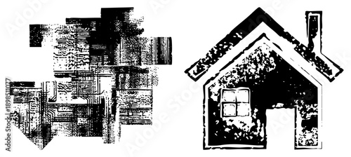 Stylized electronic circuit schematic and vintage cottage house, halftone texture, black and white vector art, tech meets rustic design.