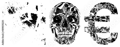 Graphic design featuring skull and euro symbol made from fragmented, abstract art, black and white vector illustration, financial symbolism, death motif.