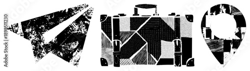 Paper airplane, suitcase, location pin rendered in halftone textures, vector, travel symbols, stylized navigation elements.
