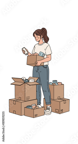 Woman organizing items into storage boxes, home organization illustration