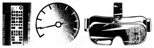Retro remote with buttons, analog gauge with, VR headset with strap, halftone texture, tech nostalgia, isolated vector.
