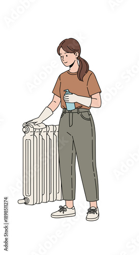 Young woman cleaning radiator with spray bottle in indoor setting  