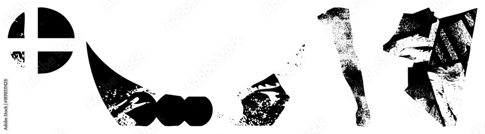 Fototapeta premium Fragmented vector forms with distressed textures, stylized graphic elements, modern art composition, black and white design, isolated vector.
