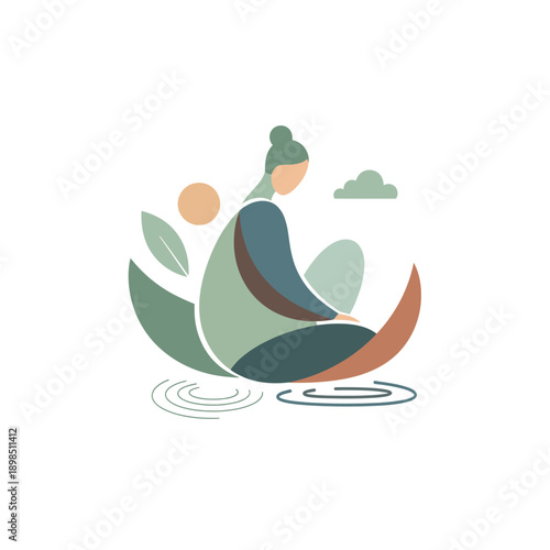 Woman meditating in lotus position surrounded by nature elements.