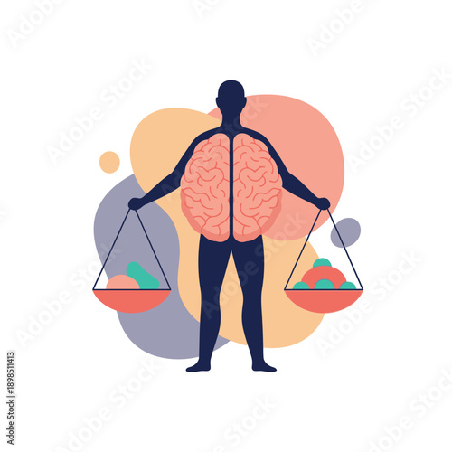 Human silhouette balancing brain hemispheres on scales.