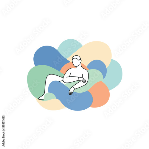 Relaxed person surrounded by colorful abstract shapes.