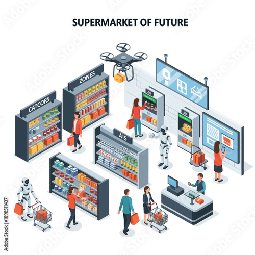 Futuristic Supermarket Scene with Robots and People.