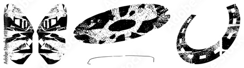 Fragmented black and white graphic elements with distressed halftone textures, isolated vector forms, stylized geometric compositions, modern art motifs.