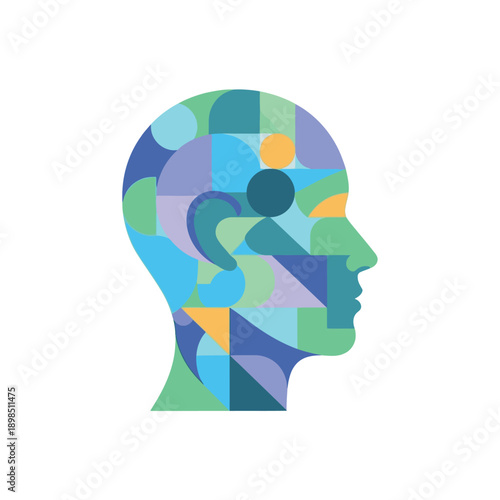Abstract Human Head Profile with Geometric Shapes and Question Mark.