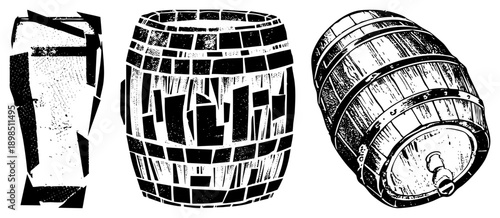 Hand drawn beer barrel and pint glass in gritty halftone style, rustic brewing equipment, craft beer, vintage pub illustration, black and white vector art.