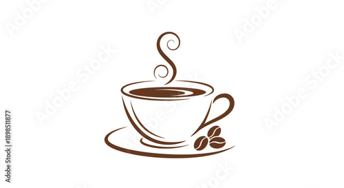 Coffee cup logo icon, steaming hot beverage mug symbol with beans, cafe branding vector illustration simple modern design
