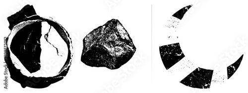 Broken stone artifacts with halftone shading, geological samples, archaeological fragments, textured rock pieces, abstract stone forms, vector art.