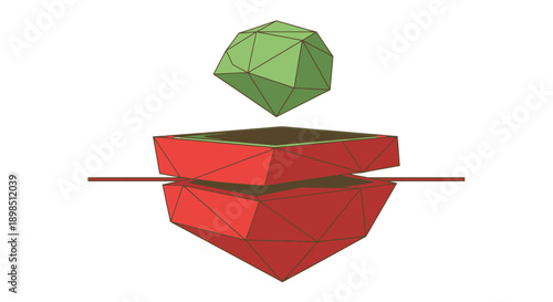 Abstract Low Poly Geometric Structure Diagram. Red and Green Polygon Shapes Illustrating Layering, Separation, or Data Processing Mechanism.