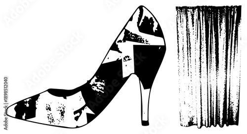 Stylish stiletto shoe featuring British flag motif, paired with textured curtain backdrop, fashion illustration, bold graphic design.