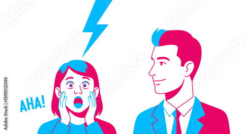 Aha Moment Concept: Woman having a sudden idea or insight (lightning bolt) while a man smiles. Business realization and innovative breakthrough illustration.