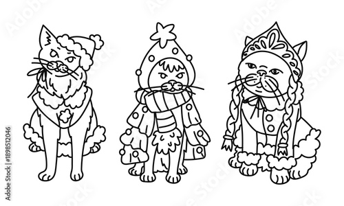 Black and white illustration of cute cats in Christmas costumes of Santa, Christmas tree and Snow Maiden. Draw holiday characters for coloring pages, greeting cards or winter decor