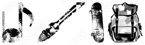 Stylized halftone musical note, paintbrush, skateboard, backpack. Urban art, creative tools, lifestyle symbols, vector graphic, distressed texture.