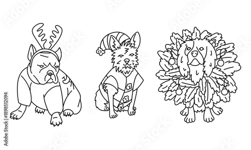 black and white doodle featuring cute dogs in Christmas costumes, including reindeer antlers, a gnome, wreath. Draw festive characters for holiday coloring pages, greeting cards, or winter decor.