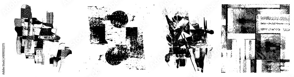 Obraz premium Fragmented abstract forms with halftone shading, geometric blocks, vector art, design, graphic composition, modern art piece, digital illustration.