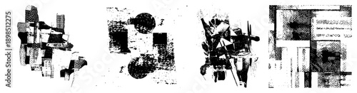 Fragmented abstract forms with halftone shading, geometric blocks, vector art, design, graphic composition, modern art piece, digital illustration.