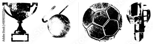 Grunge style black silhouettes of sports trophy, curling stone, soccer ball, lightbulb. Retro graphic design with distressed texture, ideal for athletic or innovation themes.