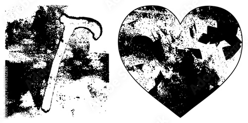 Broken heart with fragmented, walking cane symbol, halftone grit, vector, distressed graphic design, emotional silhouette, medical aid symbol.