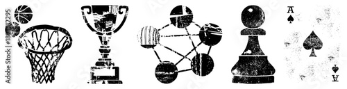 Distressed black vector of basketball hoop, victory trophy, network nodes, chess pawn, ace playing card gritty, textured,, symbolic, game related symbols.
