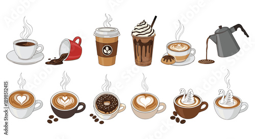 coffee drinks collection vector illustration, latte cappuccino mocha espresso cups set, cafe beverage menu elements isolated background design
