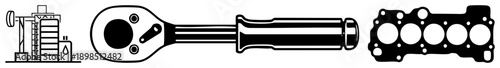 Ratchet wrench, engine cylinder head gasket, and oil rig schematic mechanical engineering, workshop essentials, technical illustrations.