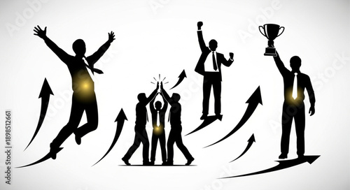 Businessmen celebrating success with upward arrows and trophy.