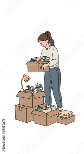 Woman organizing boxes and sorting items at home in casual attire  